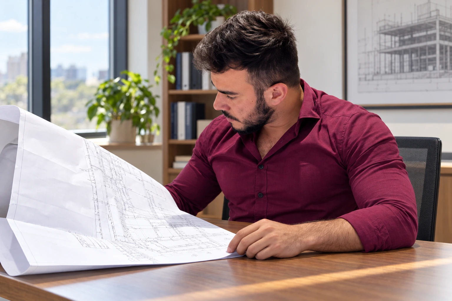 Engenheiro Marcos analisando um projeto no escritório